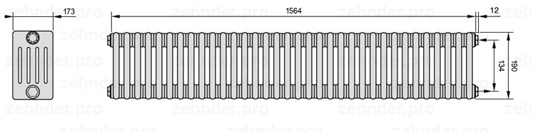 Схема (чертеж) Радиатор Zehnder Charleston 5019/34 №7610 Белый глянцевый RAL 9016
